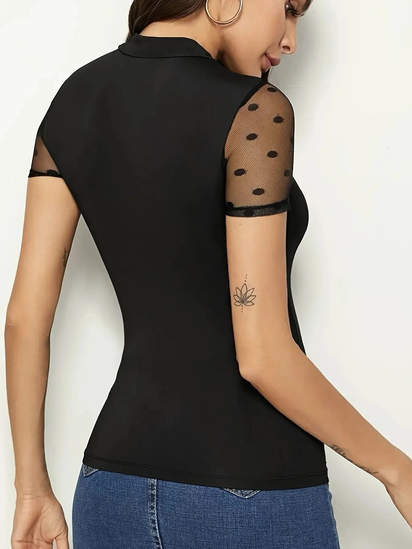 Mesh Polka Dot Mock Neck Top.