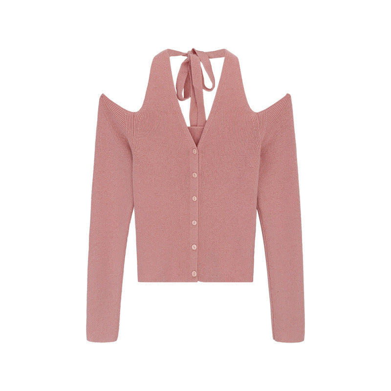 Chic Yellow Off-Shoulder Long Sleeve Knit Top for Women, Hang Neck Design