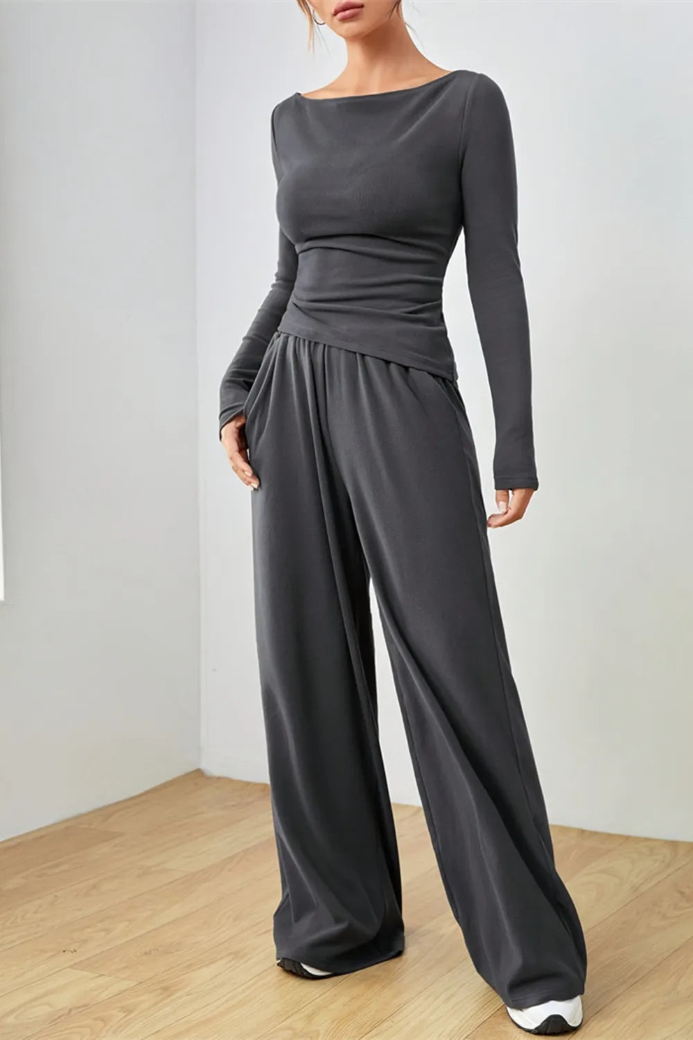 Boat Neck Long Sleeve Top and Pants Set.