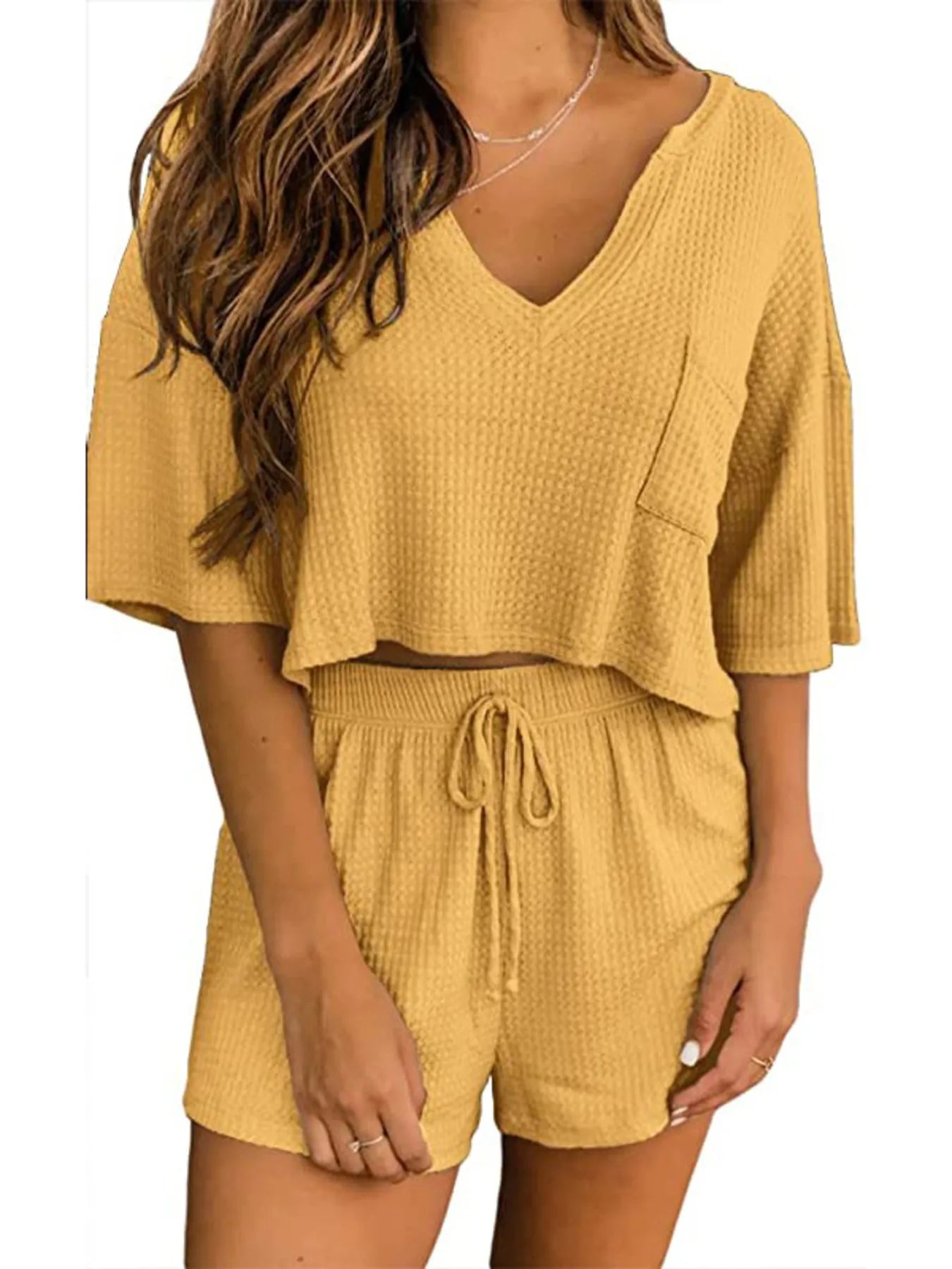 V-neck Knit Top and Shorts Lounge Set.
