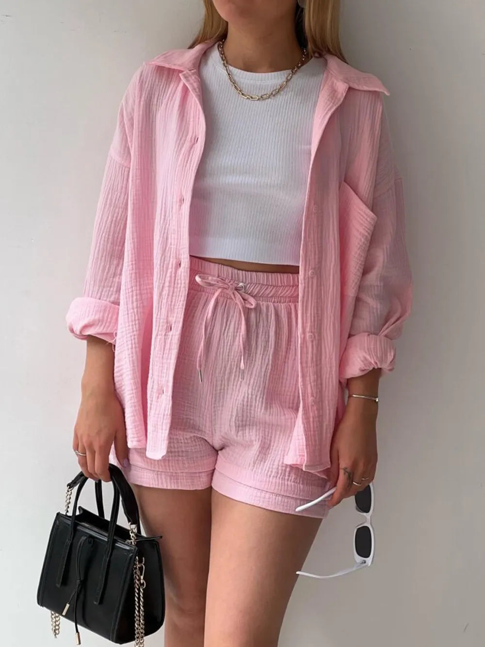 Texture Button Up Shirt and Drawstring Shorts Set - CHIC TB