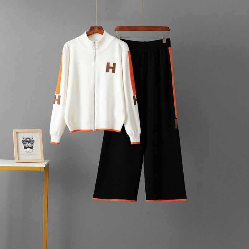 Round neck zipper top loose sports pants two-piece set