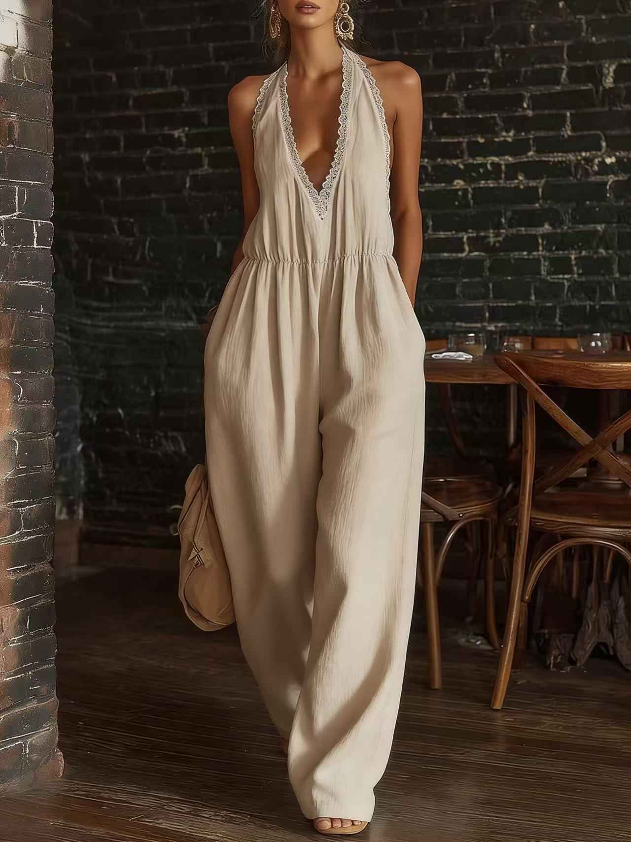 Casual And Comfortable Lace-trimmed Loose Linen Jumpsuit