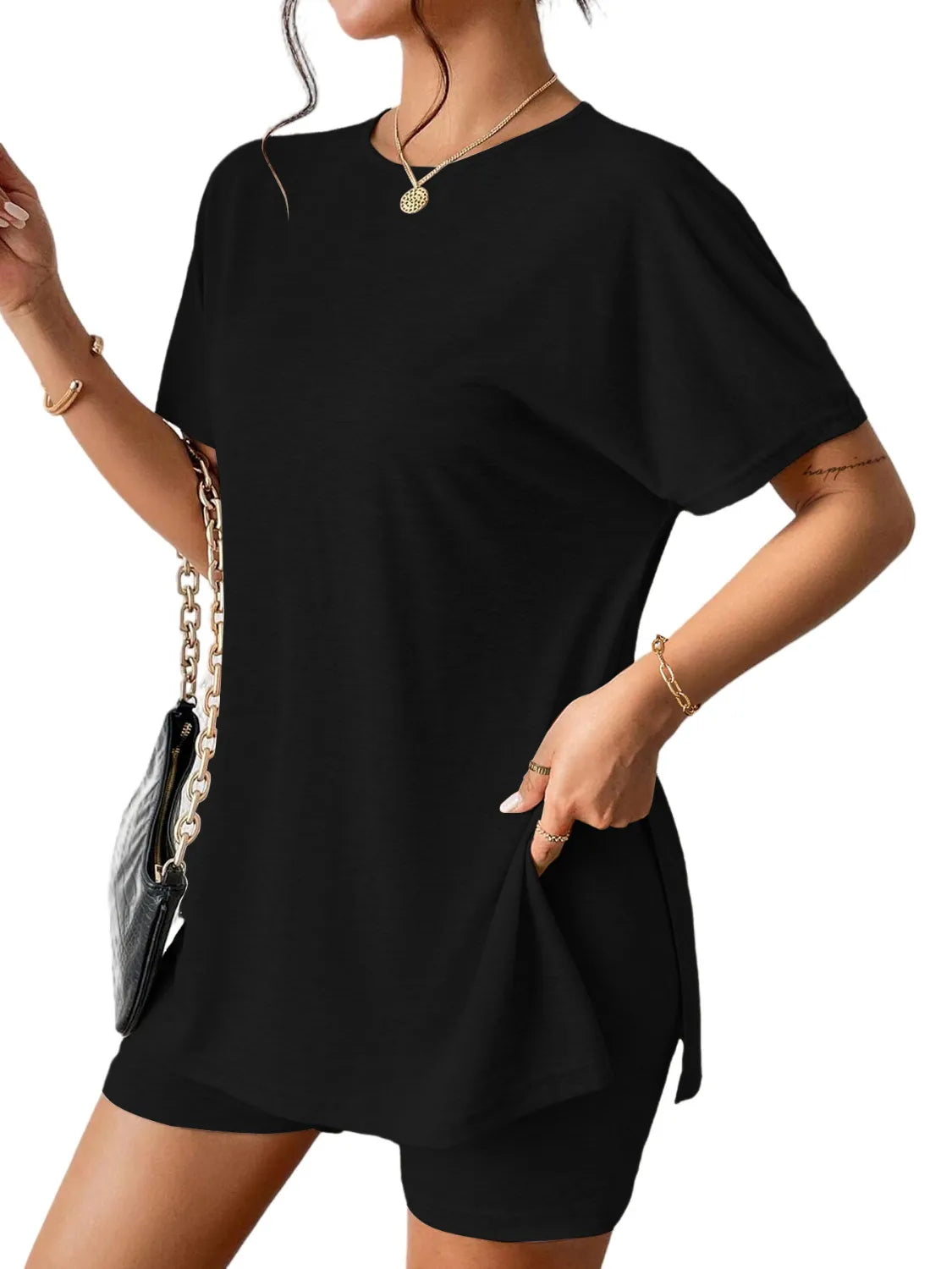 Slit Round Neck Short Sleeve Oversized Top and Shorts Set.