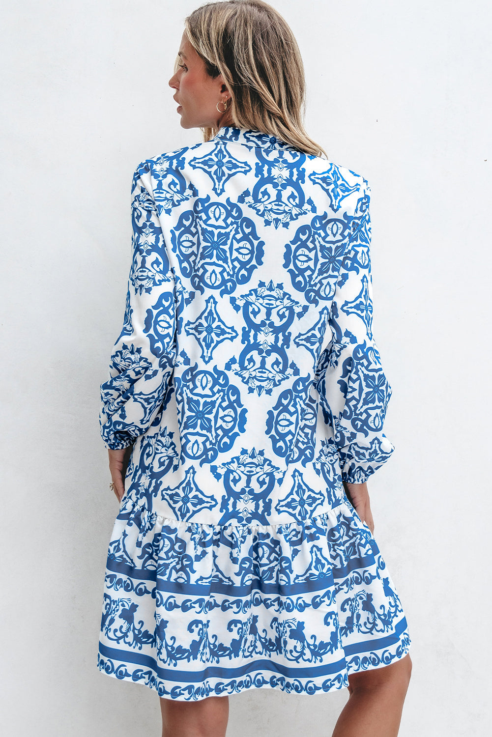 Sky Blue Tribal Print Button Up Notch Neck Loose Mini Dress Dear-Lover Dropshipping