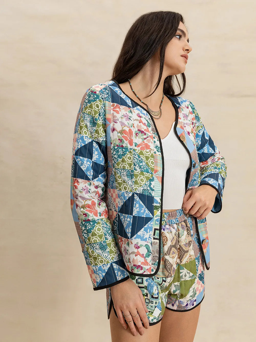 Button Up Long Sleeve Outerwear and Shorts Set - CHIC TB