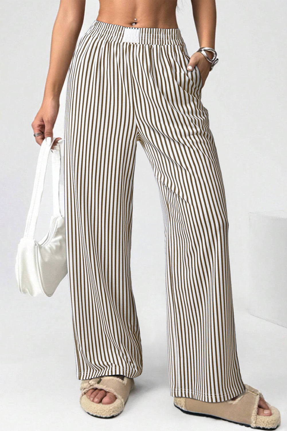 Brown Stripe Elastic High Waist Pocketed Loose Pants Dear-Lover Dropshipping