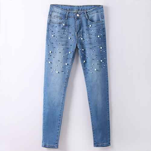 Denim Women Skinny Jeans With Pearls Pants Slim  Pearl Jeans Woman 2018 Mid Waist Pencil Jean For Women