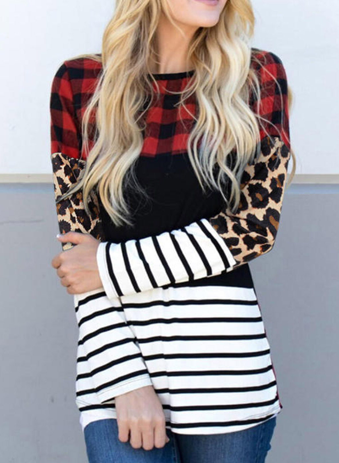 Plaid Print Leopard Splicing Striped Color Block Long Sleeve Top Dear-Lover Dropshipping