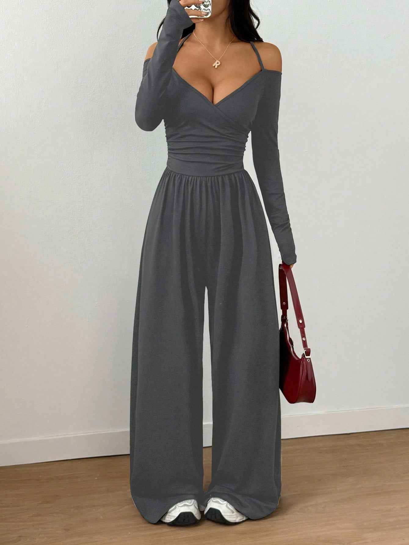 V-neck Halter Lace-up Long-sleeve Jumpsuit For Women