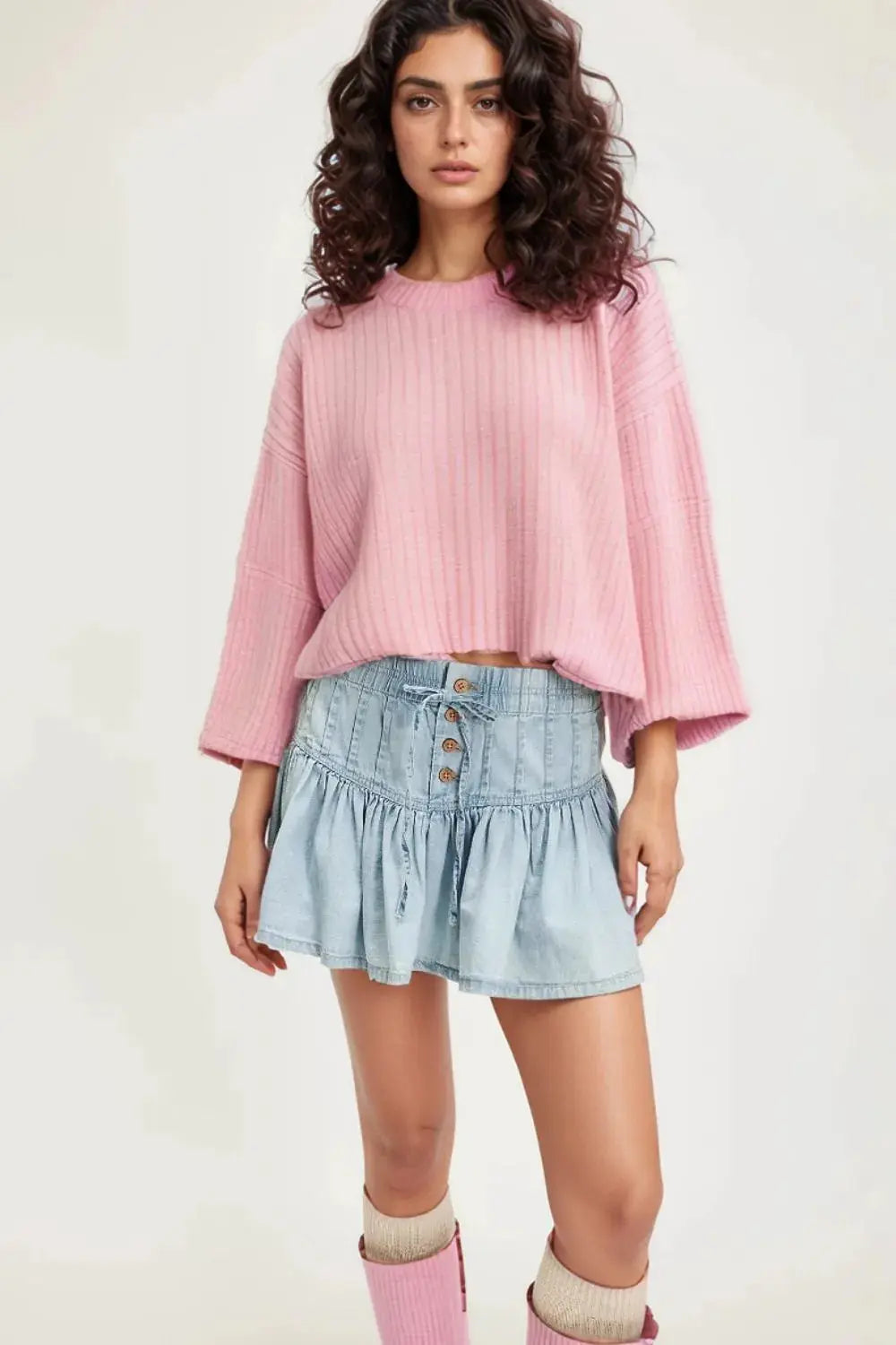 Buttoned Ruffled Mini Denim Skirt.