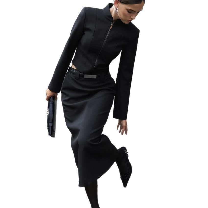 Zipper jacket split straight leg skirt two-piece set for women