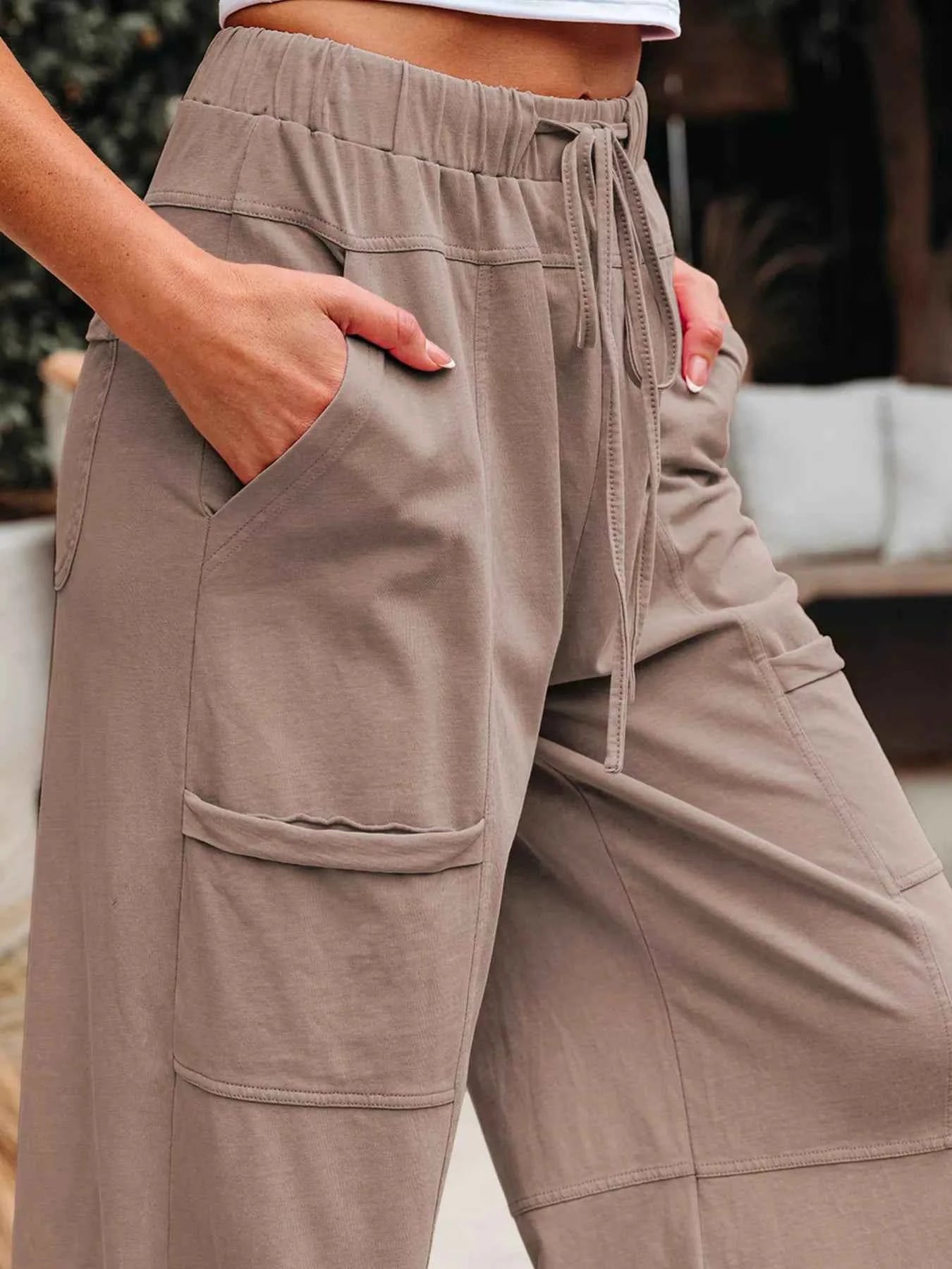 Mineral Wash Exposed Seam Drawstring Elastic Waistband Wide Leg Cargo Pants