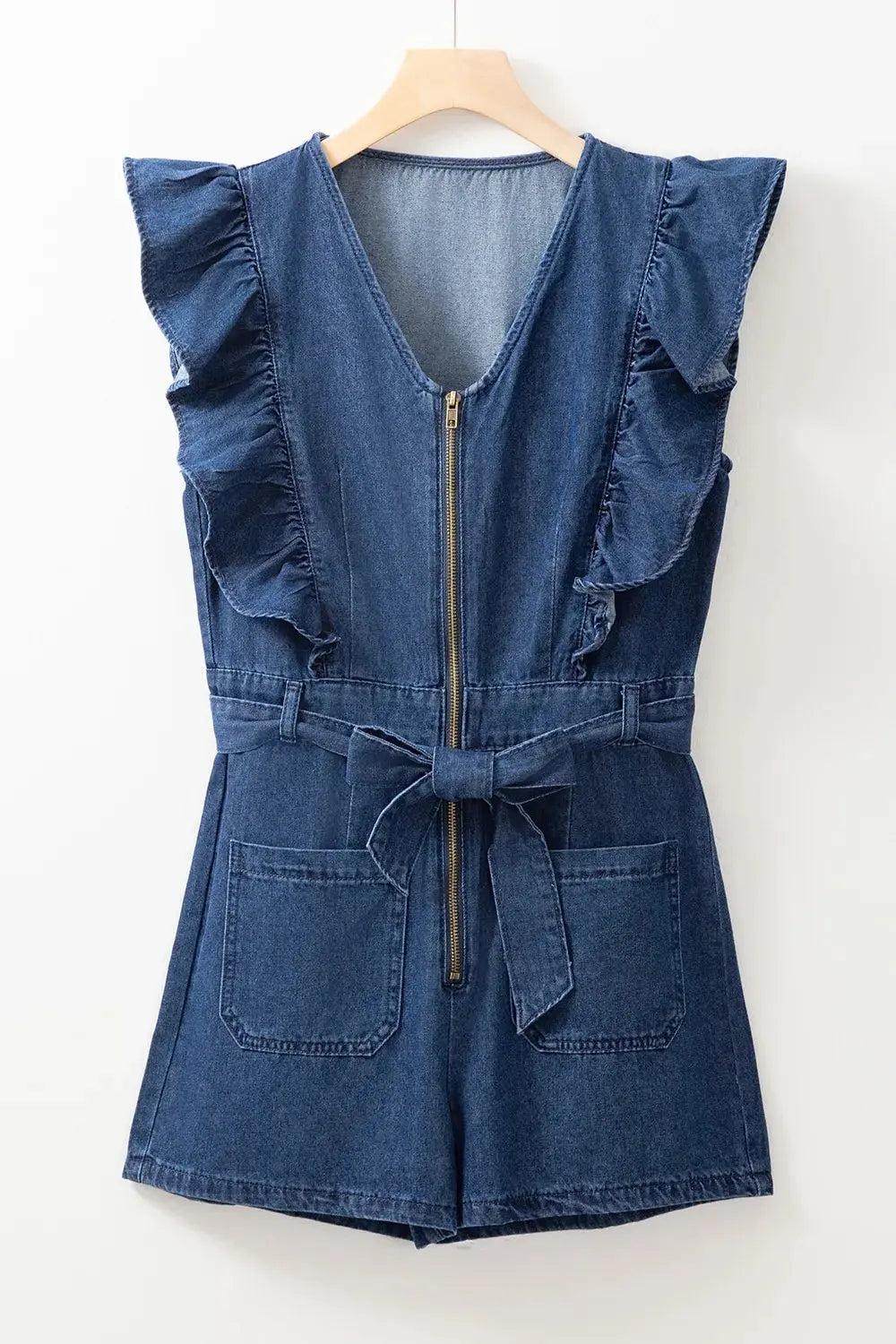 Denim Ruffled Zipped Front Belted Romper.