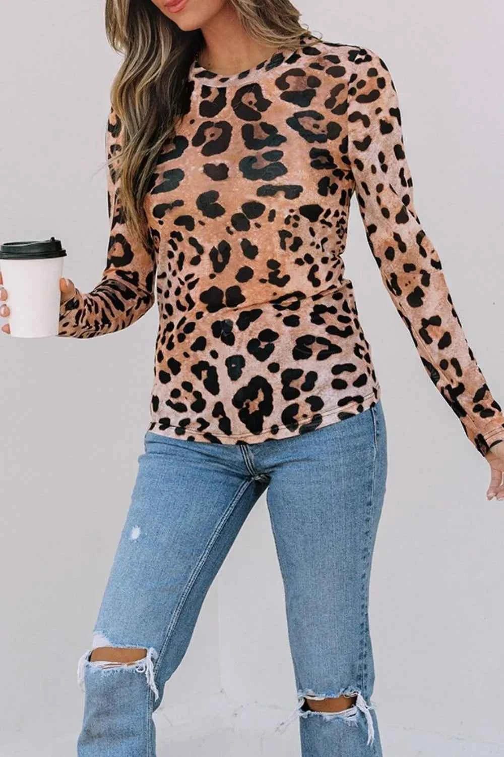 Leopard Round Neck Long Sleeve Blouse