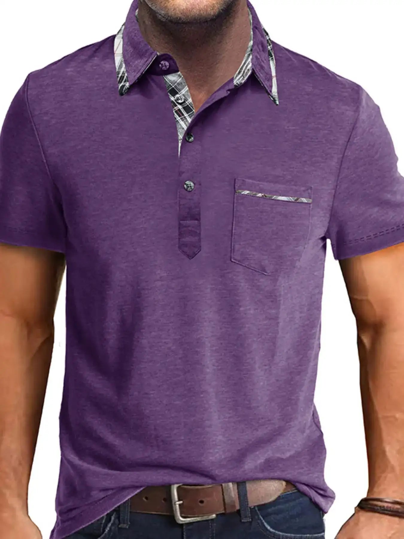 Men's Full Size Classic Plaid Collar Cotton Polo Shirt Plus Size.