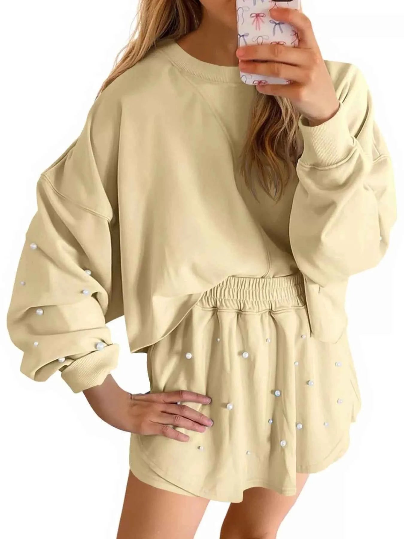 Pearl Embellished Round Neck Top and Skort Set