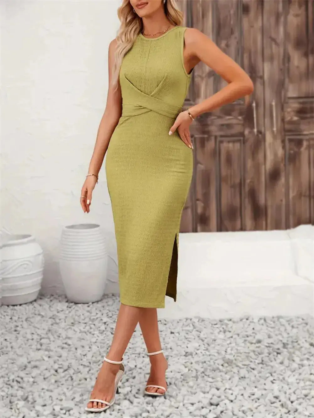 Back Tie Sleeveless Slit Midi Dress.