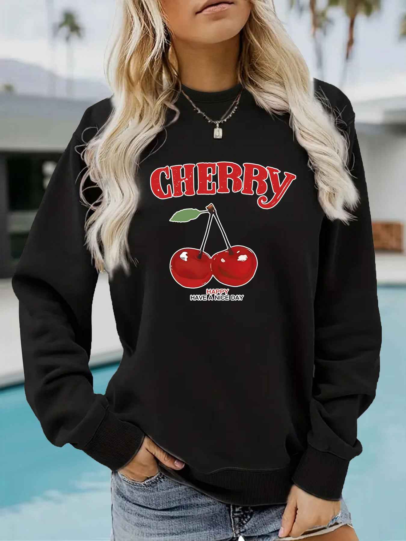 Round neck CHERRY cherry print pullover sweatshirt