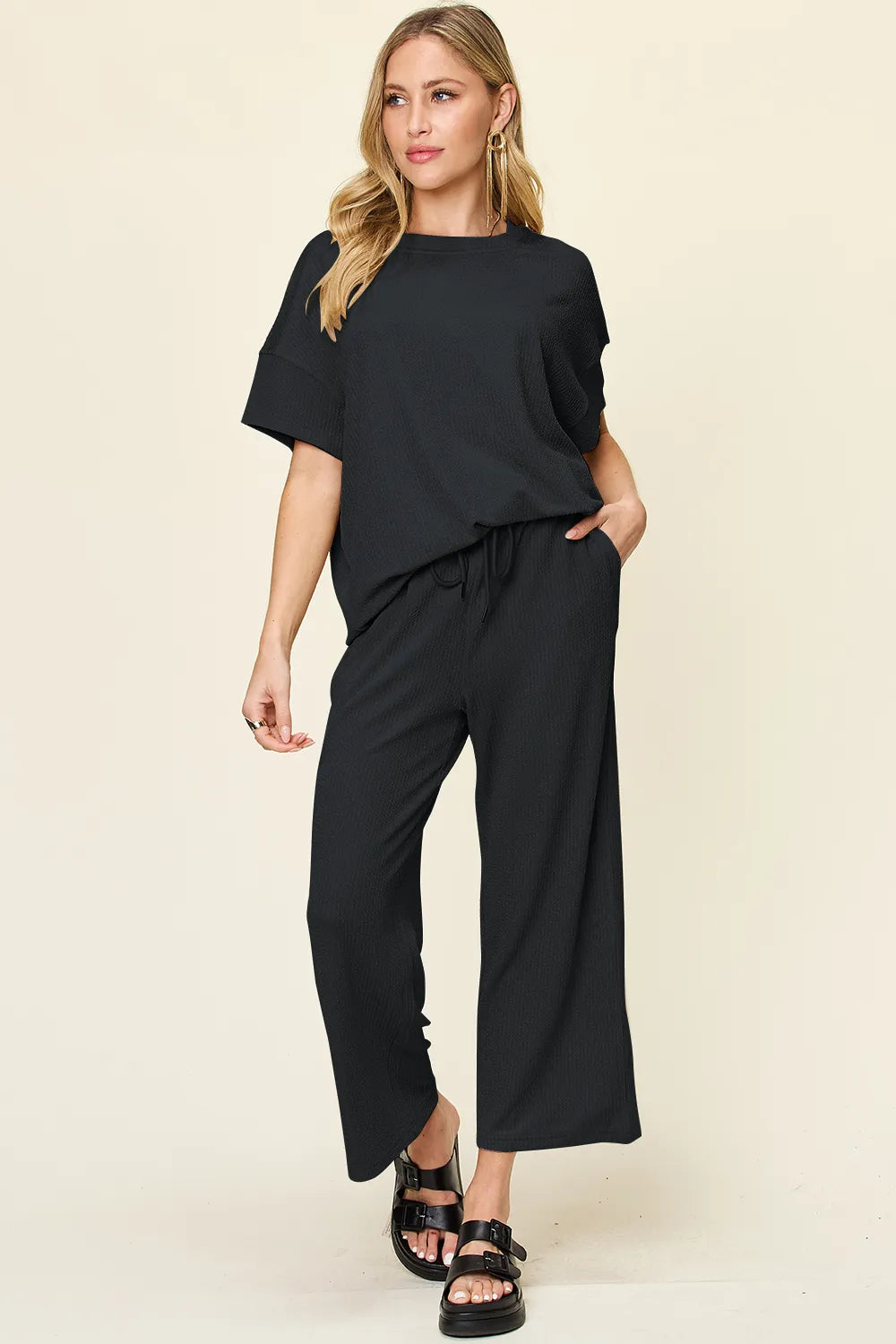 Double Take Full Size Texture Round Neck Short Sleeve T-Shirt and Wide Leg Pants - CHIC TB