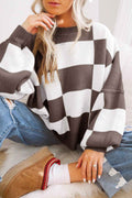 Dark Brown Checkered Bishop Sleeve Sweater