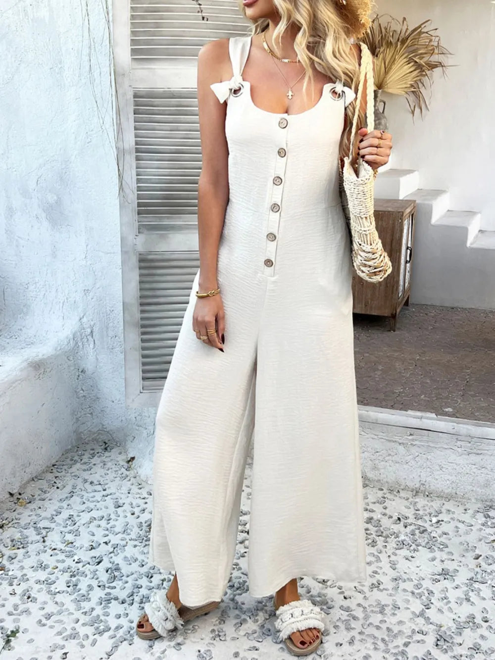 Devine Button Front Knotted Strap Wide Leg Jumpsuit.