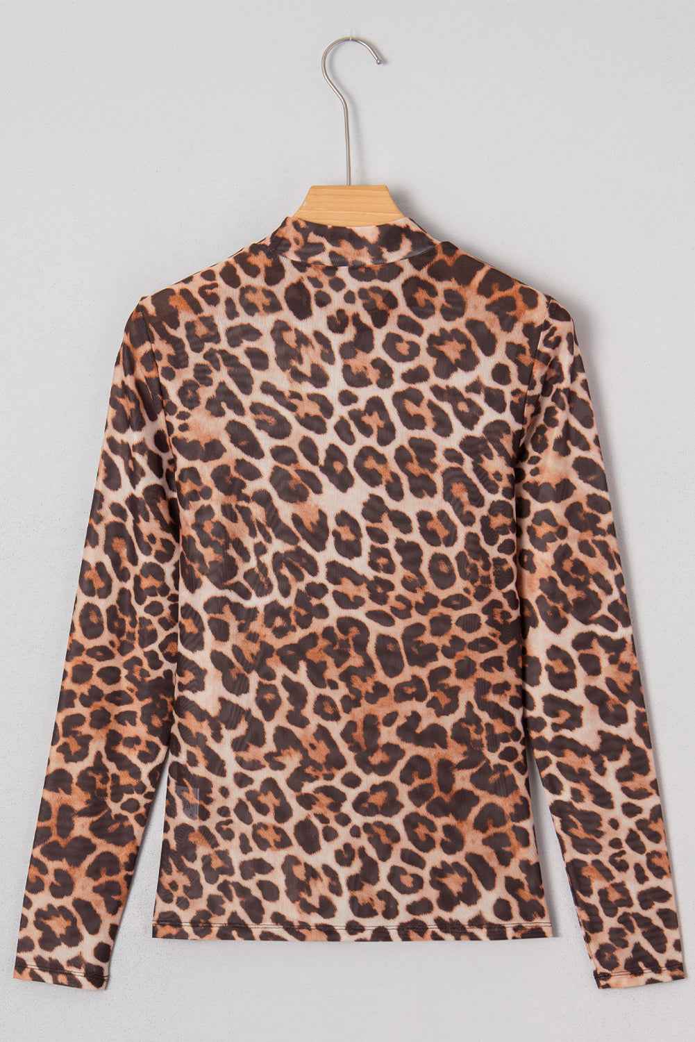 Brown Leopard Mock Neck Long Sleeve Mesh Top