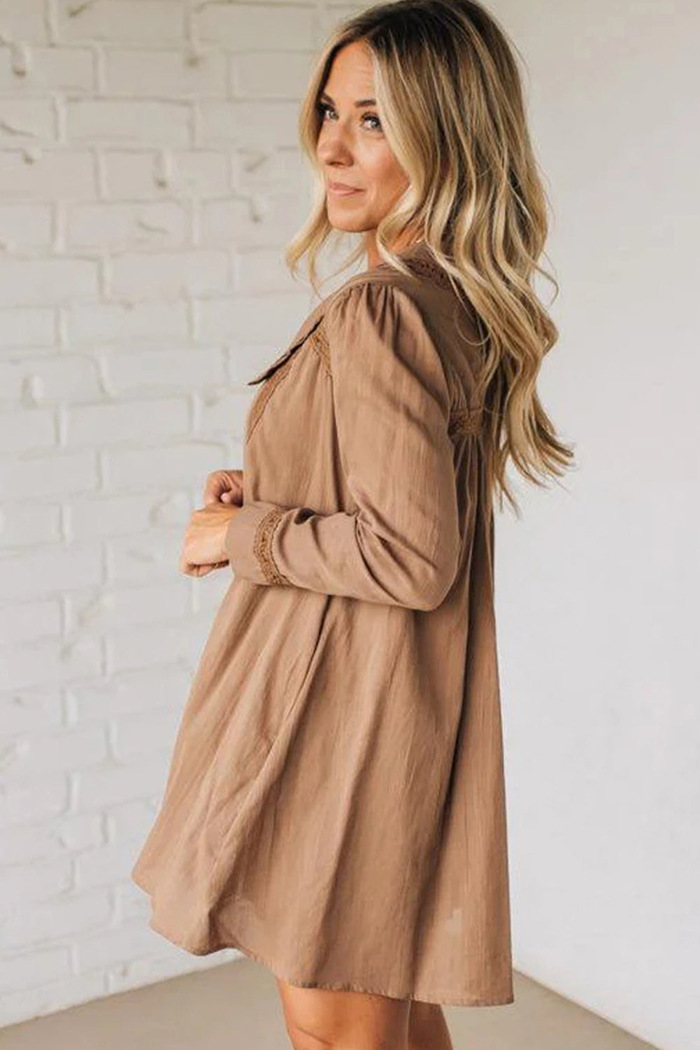 Straw Yellow Lace Trim Peter Pan Collar Long Sleeve Mini Shirt Dress Dear-Lover Dropshipping