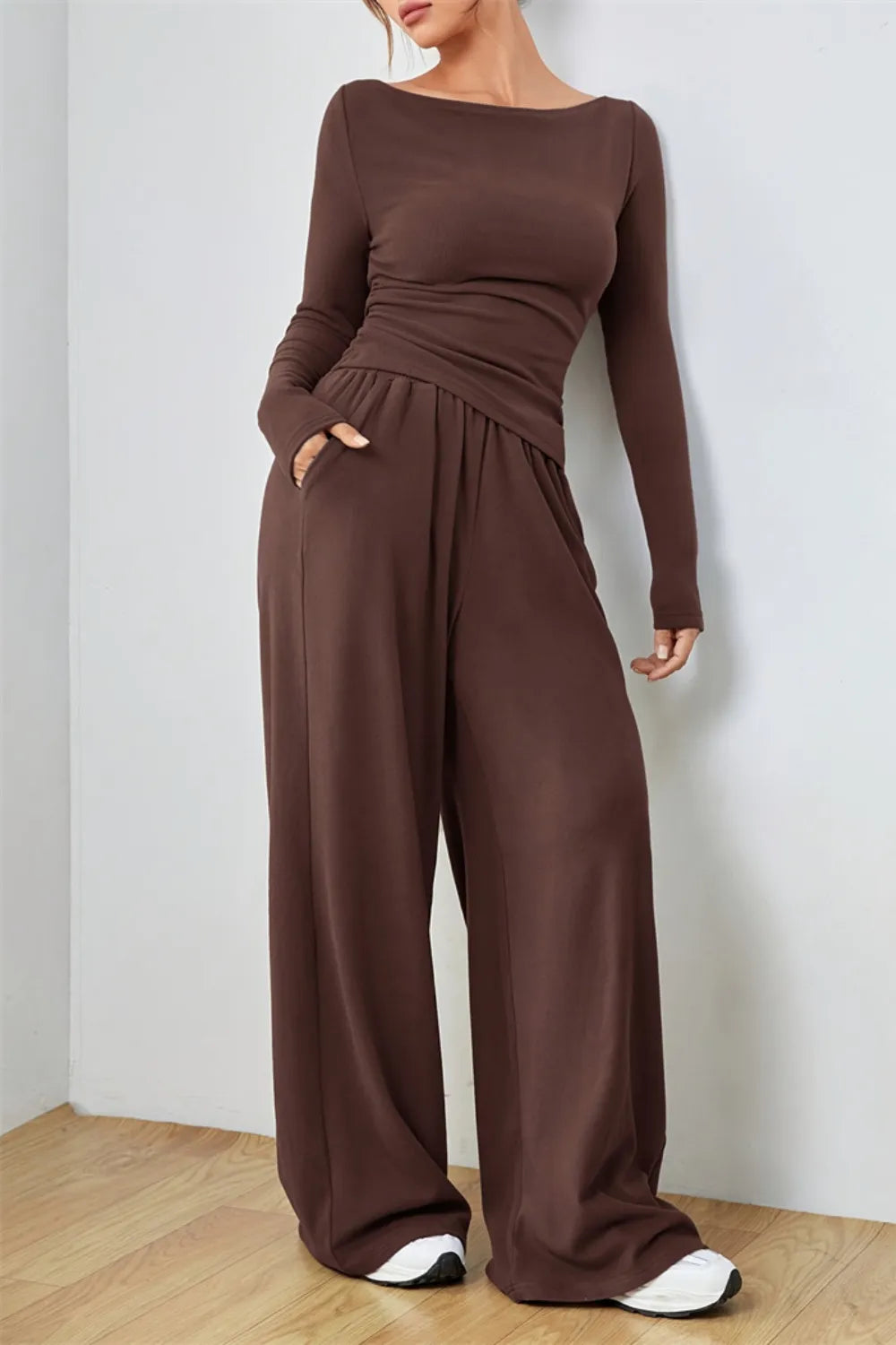 Boat Neck Long Sleeve Top and Pants Set.