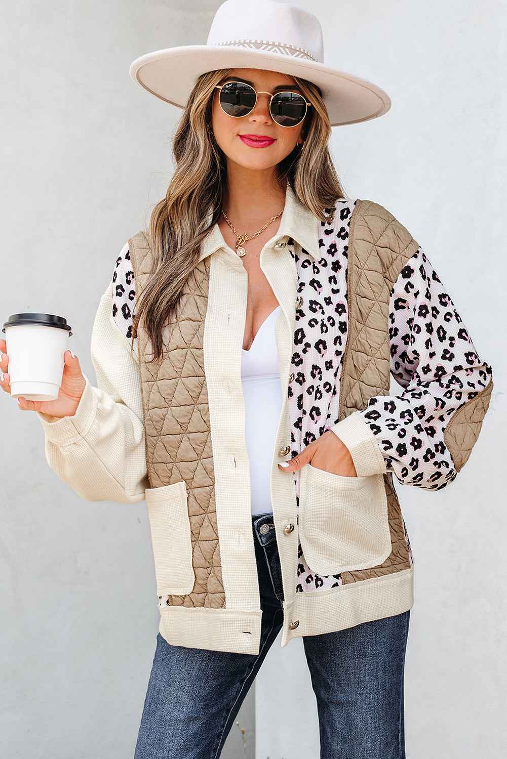 Khaki Leopard Waffle Quilted Patchwork Button Front Jacket