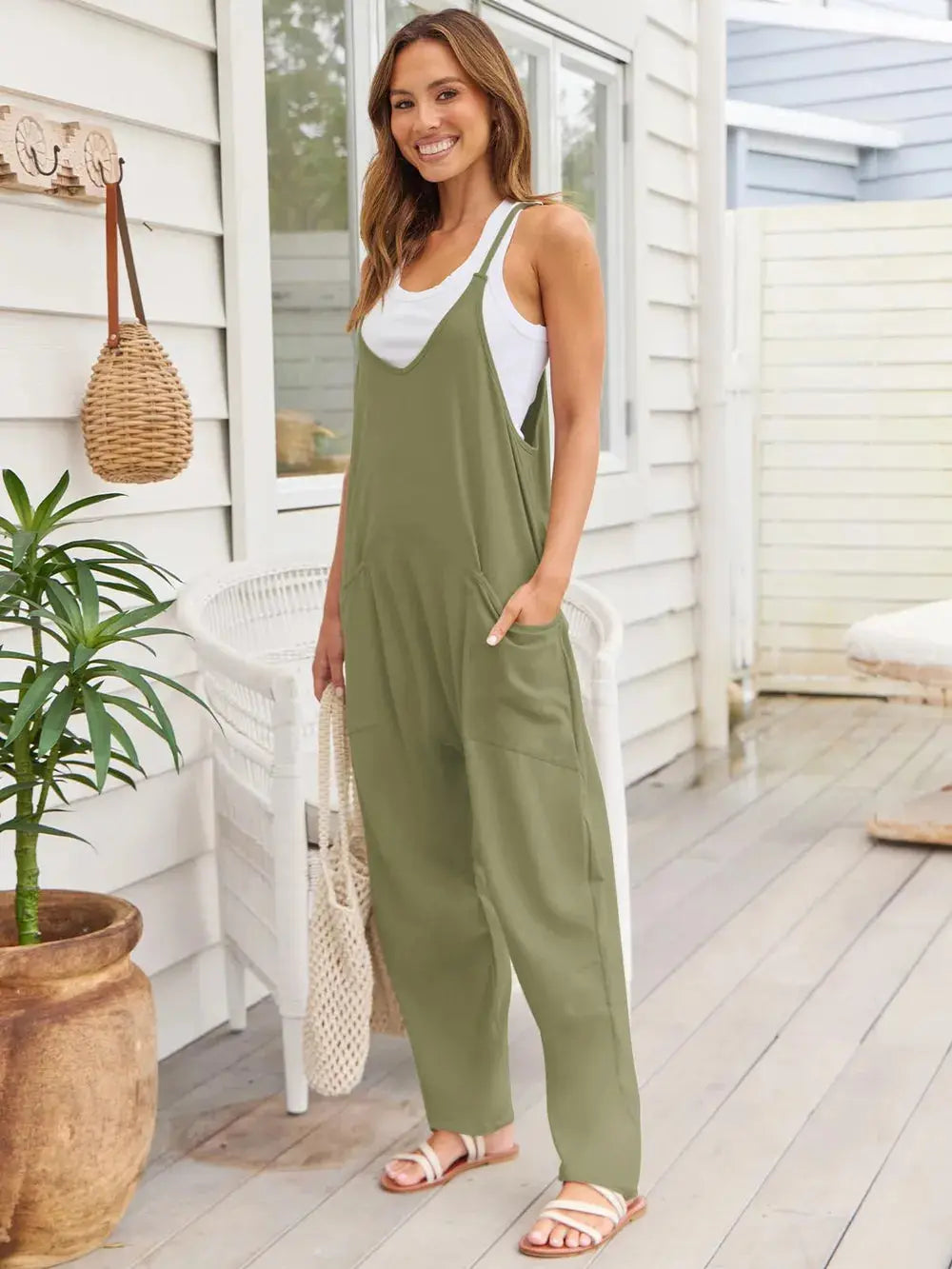 V-Neck Spaghetti Strap Jumpsuit - CHIC TB