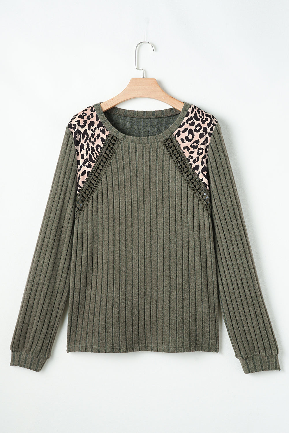 Moss Green Leopard Print Crochet Patchwork Rib Textured Knit Top Dear-Lover Dropshipping