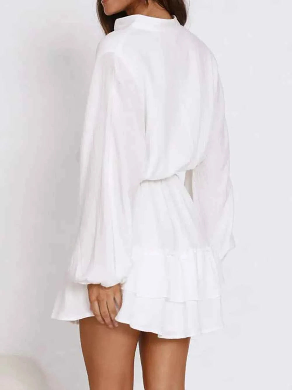Ruffled Notched Balloon Sleeve Mini Dress.