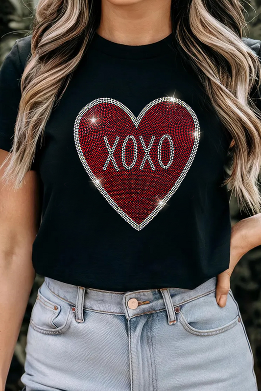 Black Rhinestone XOXO Heart Graphic Crewneck Tee Dear-Lover Dropshipping
