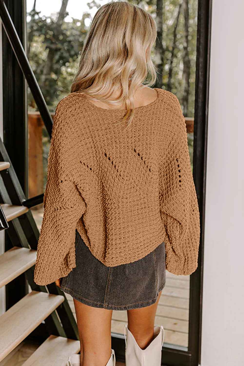 Camel Hollowed Detail Wide Sleeve Loose Pullover Sweater