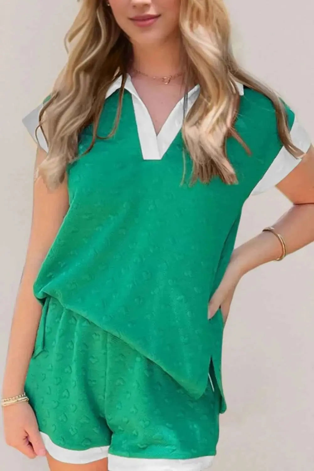 Trim Collar Top and Shorts Set.