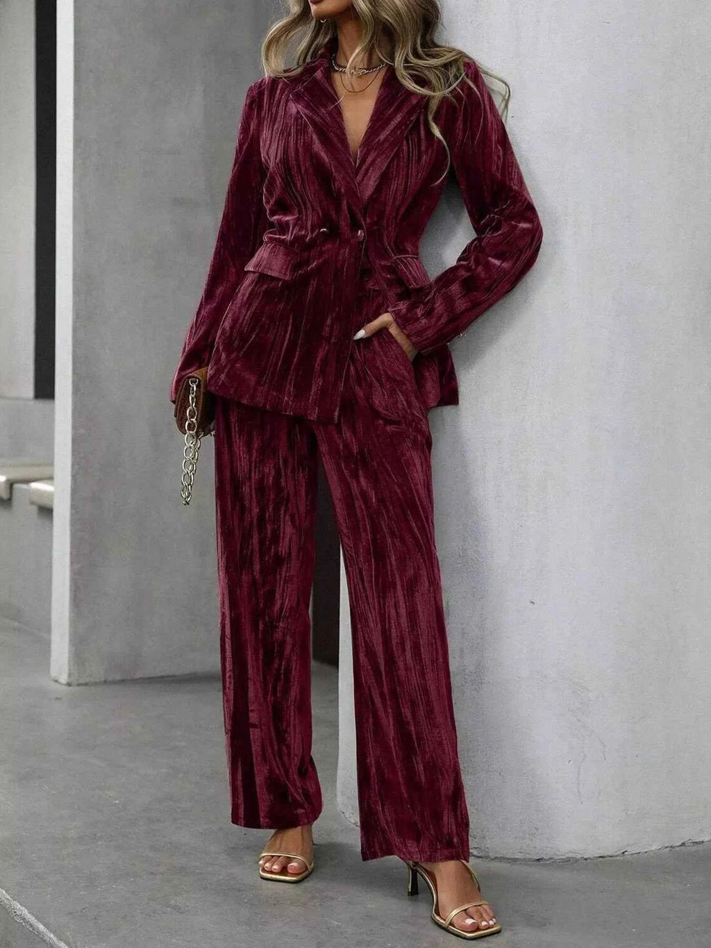 Lapel Collar Long Sleeve Blazer and Pants Set