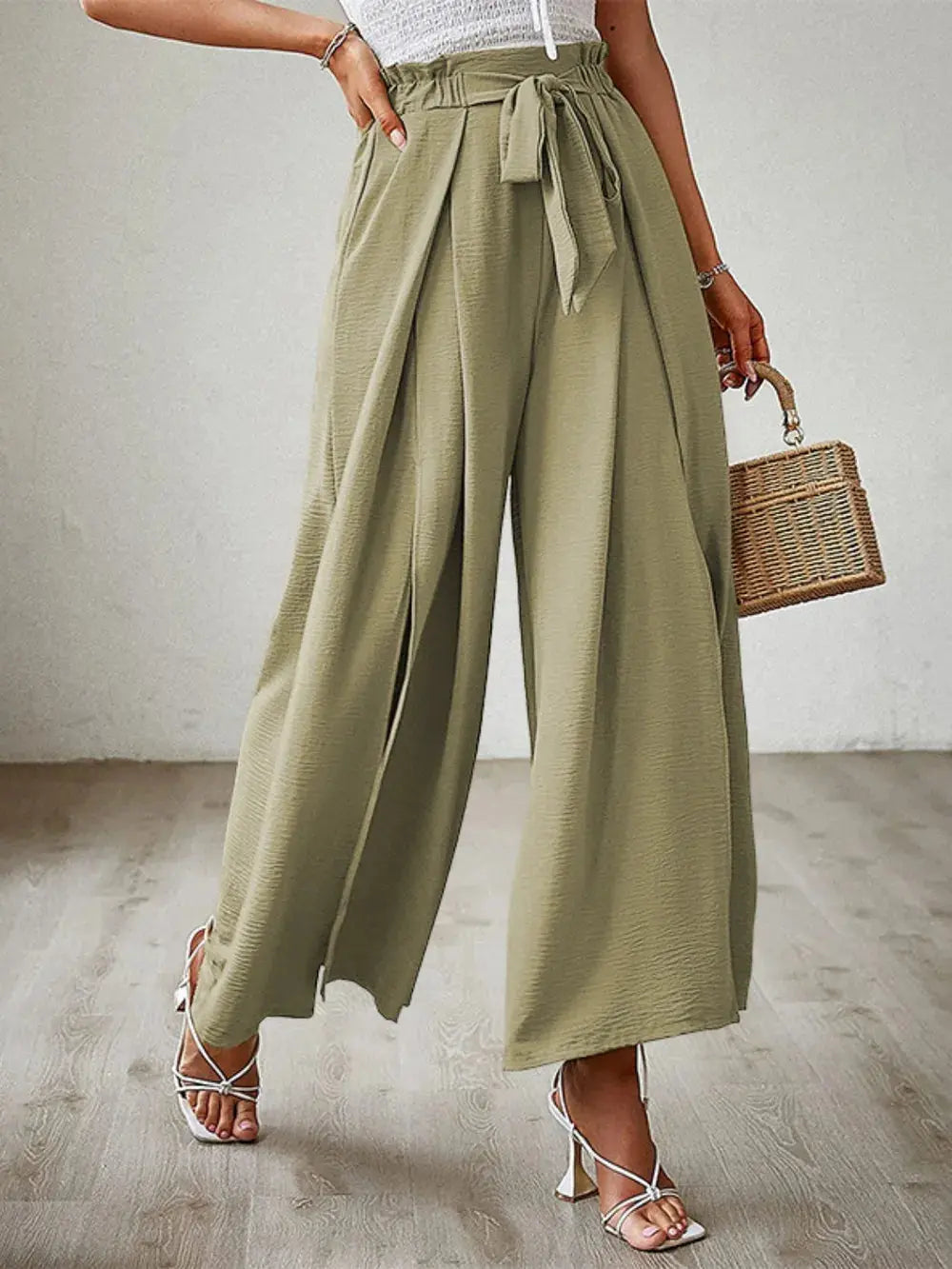 Tied Slit Wide Leg Pants.