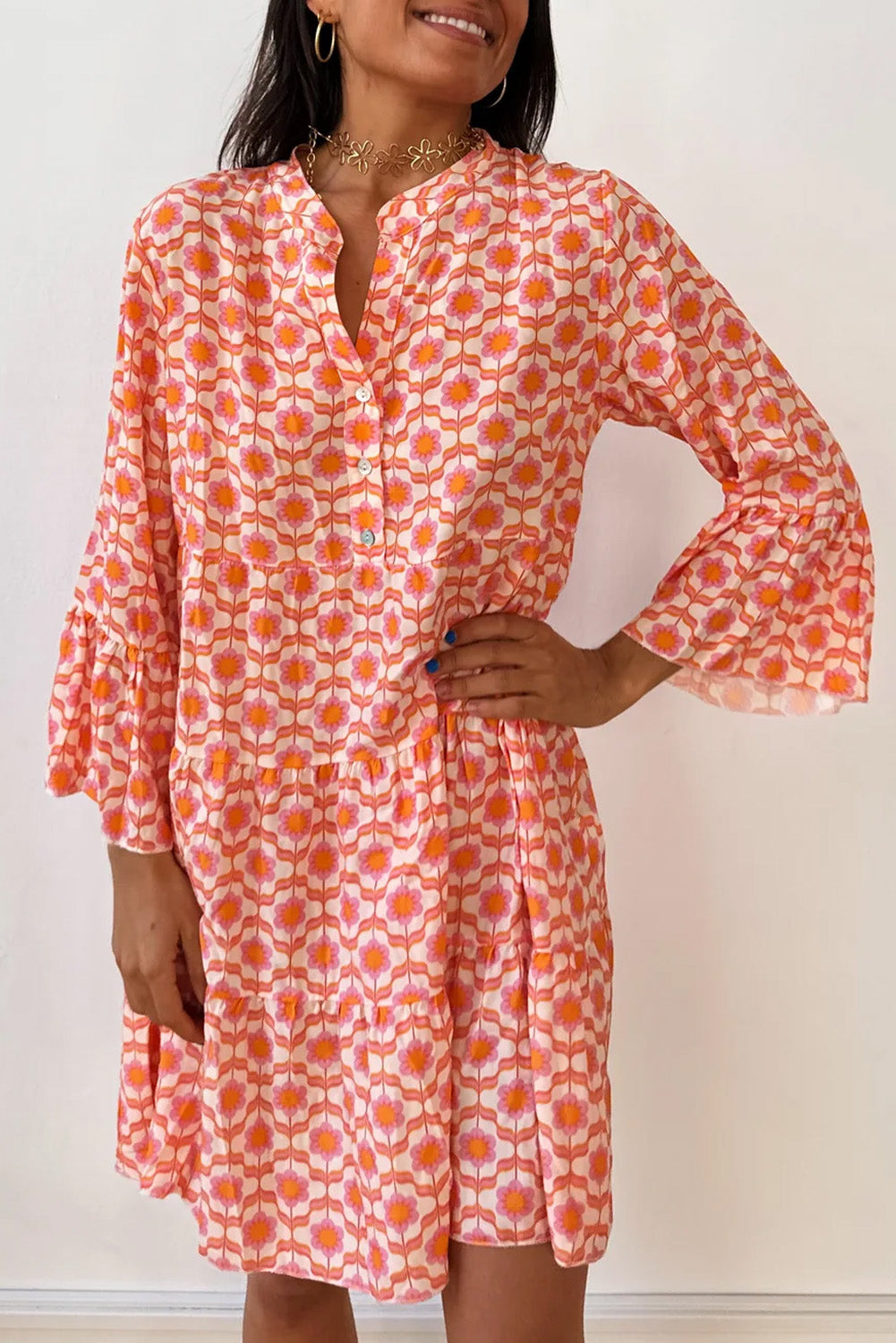 Orange Floral Print Flounce Sleeve Buttoned Front Mini Dress Dear-Lover Dropshipping