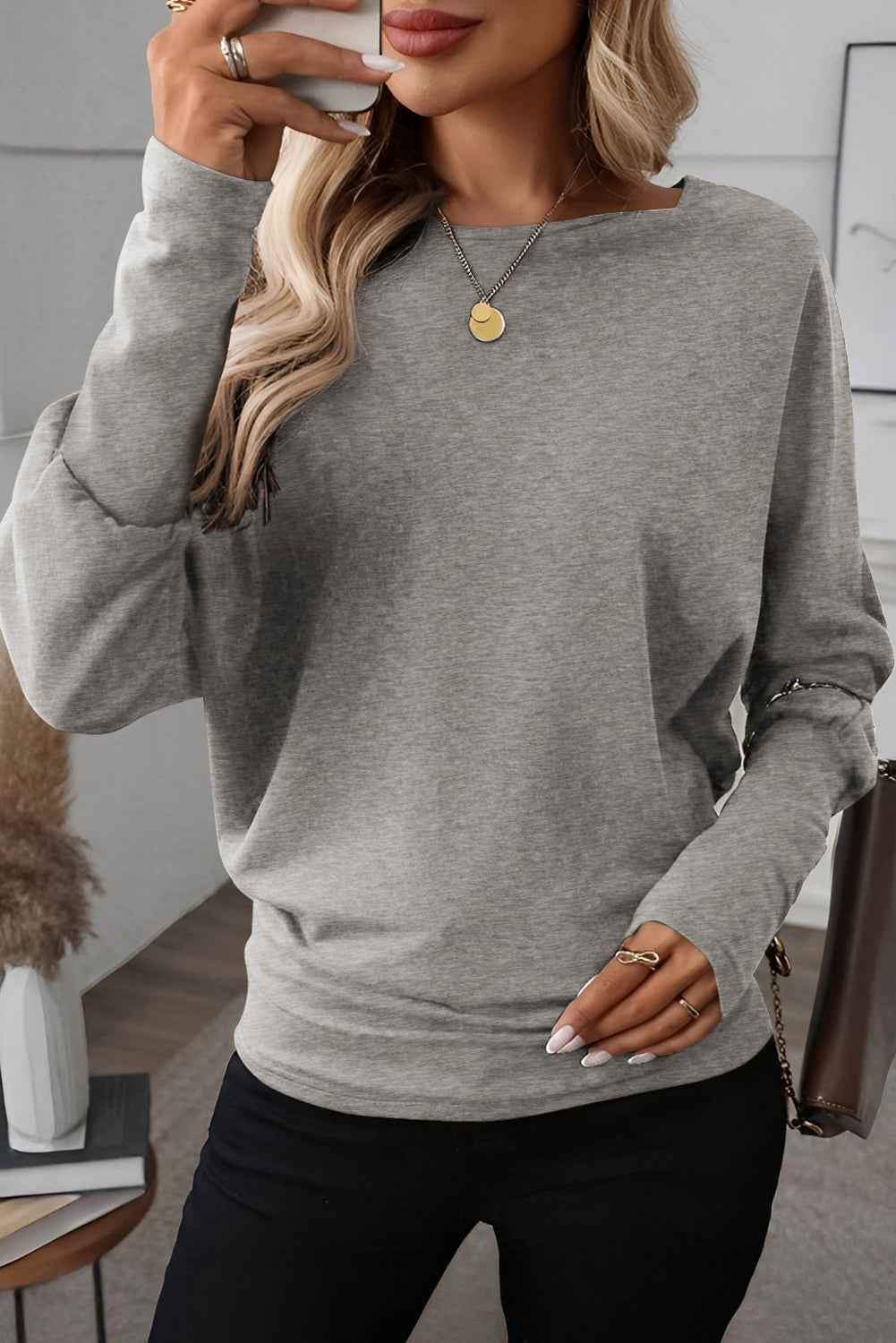 Light Grey Solid Color Extended Cuffs Long Sleeve Top