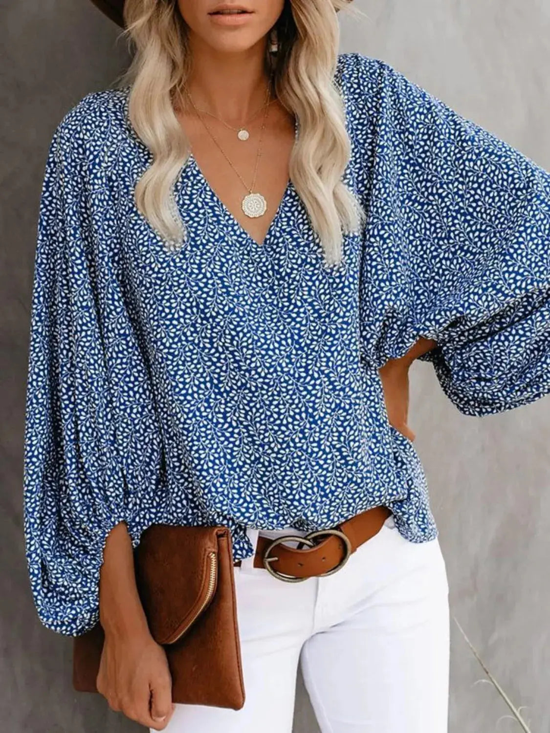 Printed V-Neck Long Sleeve Blouse.