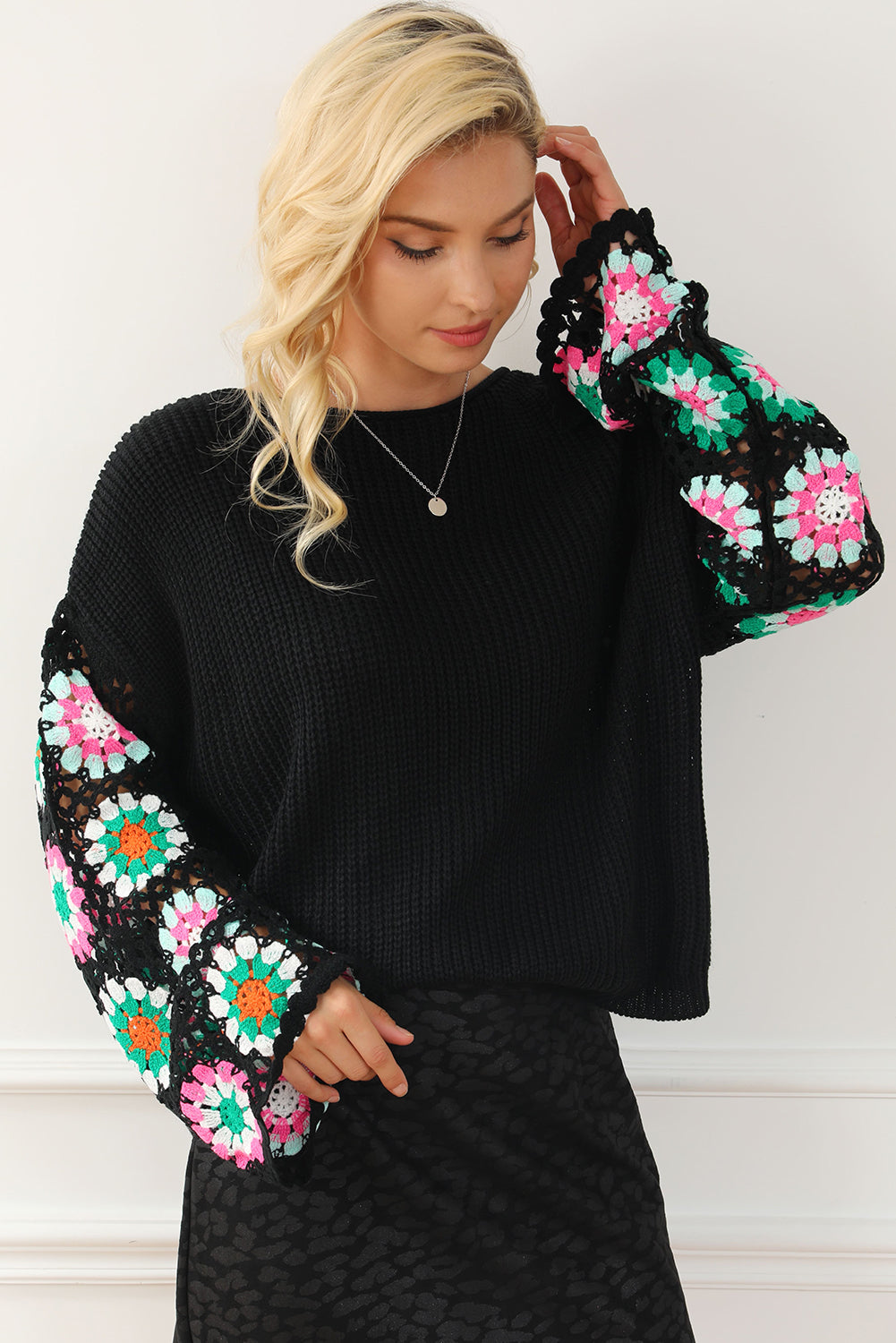 Black Floral Crochet Bell Sleeve Loose Sweater Dear-Lover Dropshipping