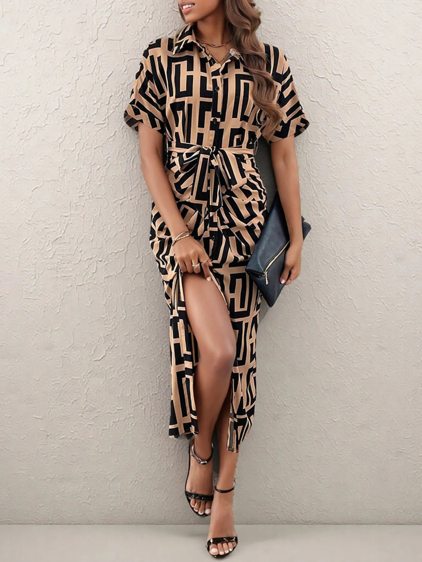 Geometric Print Belted Midi Dress.