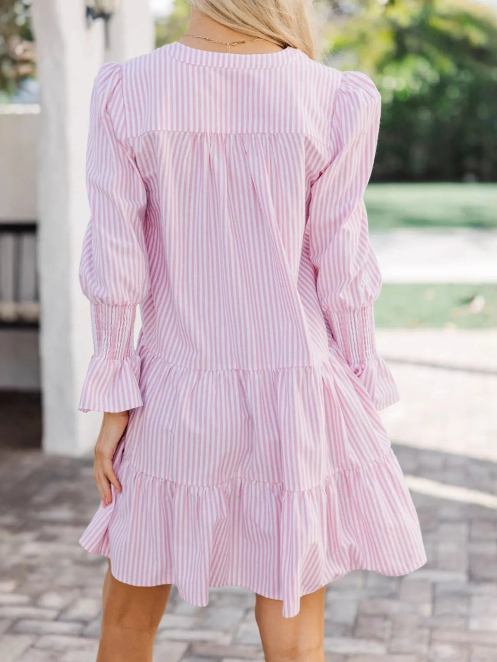 Striped Tiered Flounce Sleeve Shirt Dress.