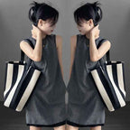 Women's Canvas Tote Bucket Bag — Black & White Contrast Wide Shoulder Strap