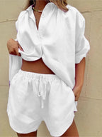 Casual Cotton Linen Solid Color Sets Women Short Sleeve Loose Shirt Wide Leg Shorts Two Piece Set Woman Suits 2023 Summer eprolo