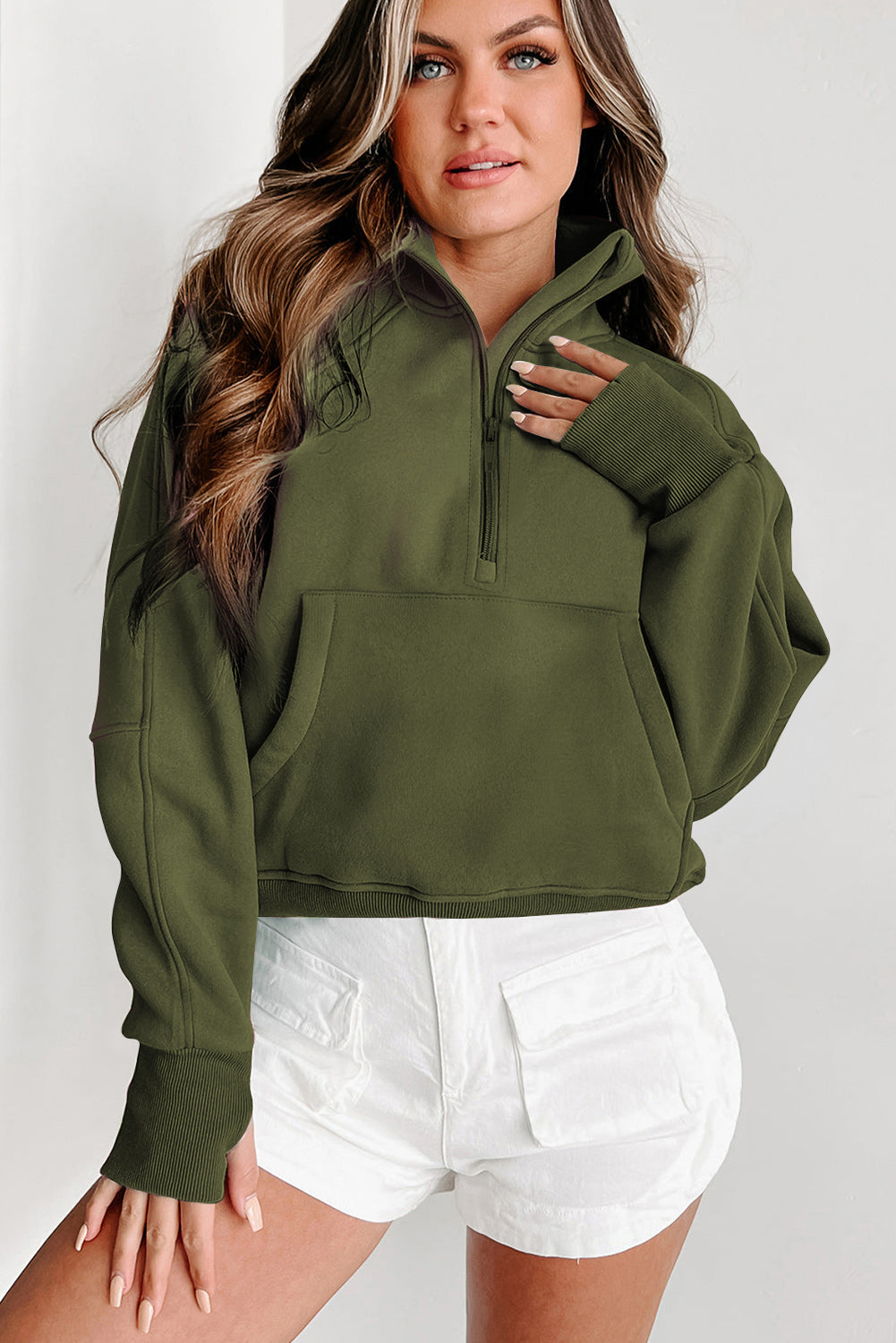 Green Fleece Lined Zip Up Stand Collar Thumbhole Sleeve Sweatshirt Dear-Lover Dropshipping