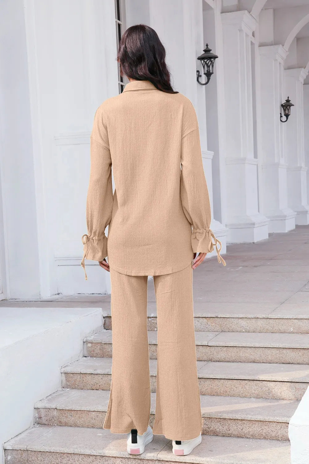 Drawstring Flounce Sleeve Shirt and Pants Set - CHIC TB
