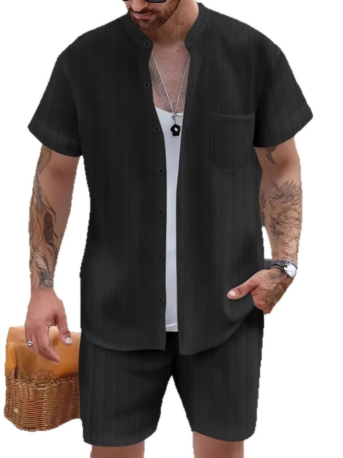 Men's Button Up Short Sleeve Shirt and Shorts Set.