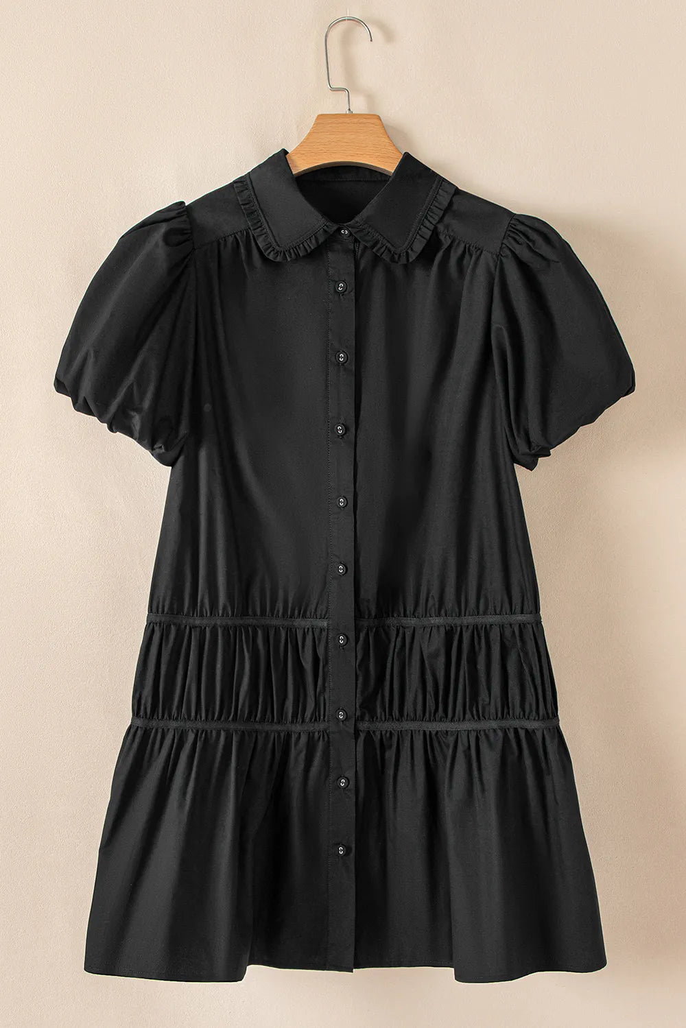 Button Down Puff Sleeve Ruffle Hem Dress.